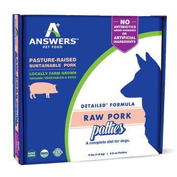 Answers Detailed Frozen Raw Pork Patties Dog Food 4 lb. Pack